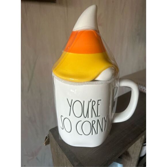 Rae Dunn Ceramic Halloween Mug with Decorative Lid, You're So Corny/White/Candy - Picture 2 of 2